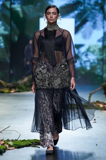 Shop Varun Bahl Black Net, Velvet Fringe, Applique, Embroidery Round Neck, Kurta Trouser Set Online at Aza Fashions Shop_Varun Bahl_Black Net, Velvet Fringe, Applique, Embroidery Round Neck, Kurta Trouser Set _Online_at_Aza_Fashions