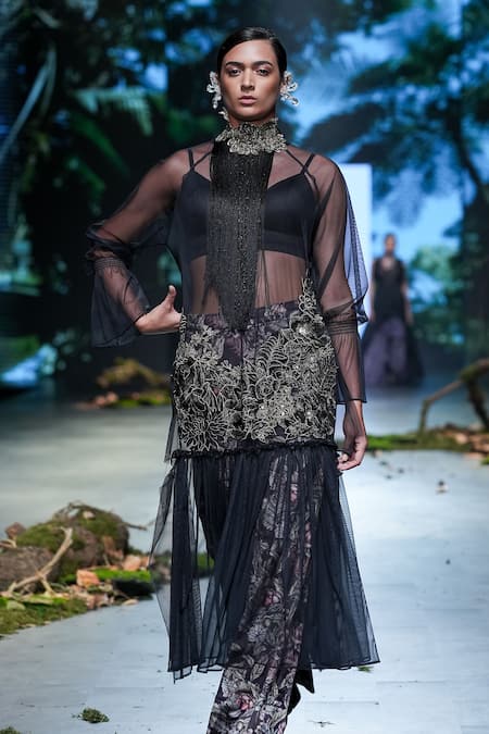 Varun Bahl Black Net, Velvet Fringe, Applique, Embroidery Round Neck, Kurta Trouser Set at Aza Fashions Varun Bahl_Black Net, Velvet Fringe, Applique, Embroidery Round Neck, Kurta Trouser Set _at_Aza_Fashions