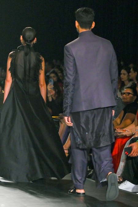 Shop_Varun Bahl_Black Chanderi, Organza Embroidery, Sequins, Applique Round Tunic And Skirt Set _at_Aza_Fashions