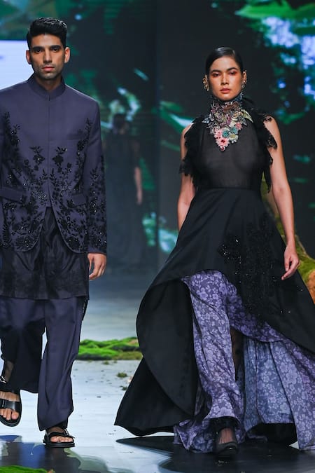 Varun Bahl_Black Chanderi, Organza Embroidery, Sequins, Applique Round Tunic And Skirt Set _Online_at_Aza_Fashions
