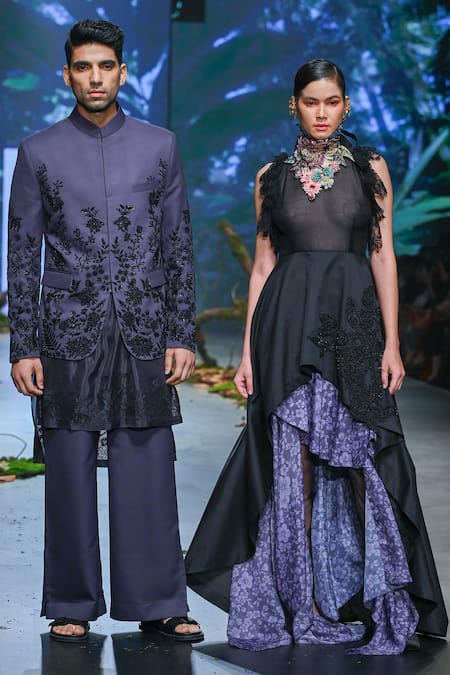 Shop_Varun Bahl_Black Chanderi, Organza Embroidery, Sequins, Applique Round Tunic And Skirt Set _Online_at_Aza_Fashions