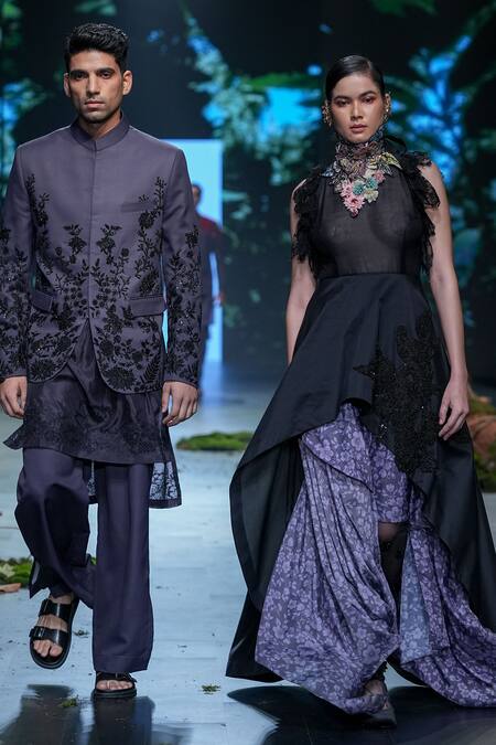 Varun Bahl Black Chanderi, Organza Embroidery, Sequins, Applique Round Tunic And Skirt Set at Aza Fashions Varun Bahl_Black Chanderi, Organza Embroidery, Sequins, Applique Round Tunic And Skirt Set _at_Aza_Fashions