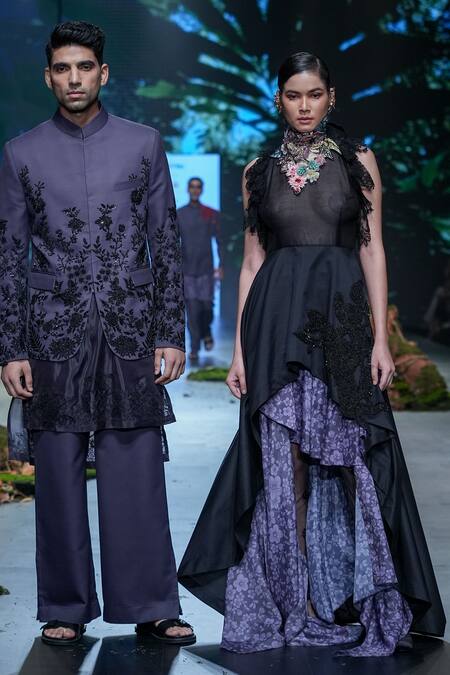 Buy Varun Bahl Black Chanderi, Organza Embroidery, Sequins, Applique Round Tunic And Skirt Set Buy_Varun Bahl_Black Chanderi, Organza Embroidery, Sequins, Applique Round Tunic And Skirt Set