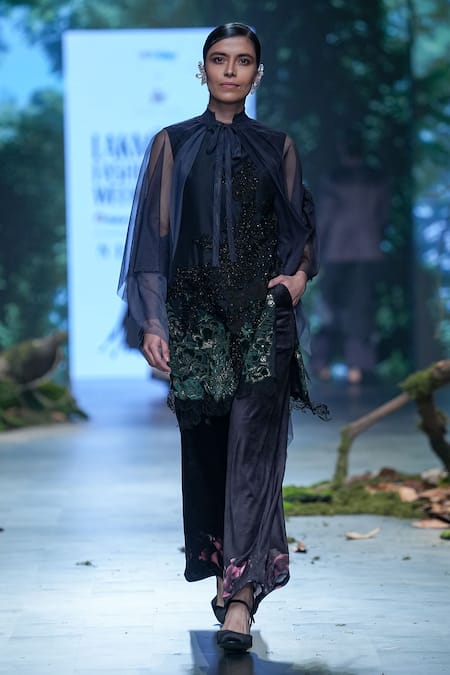 Shop_Varun Bahl_Black Net, Velvet Sequins, Cut Work, Fringe, Floral Kurta Trouser Set _at_Aza_Fashions