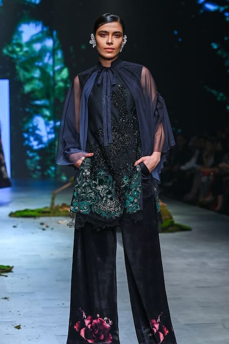 Buy_Varun Bahl_Black Net, Velvet Sequins, Cut Work, Fringe, Floral Kurta Trouser Set _Online_at_Aza_Fashions