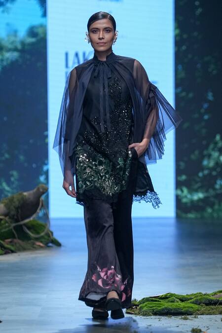 Shop_Varun Bahl_Black Net, Velvet Sequins, Cut Work, Fringe, Floral Kurta Trouser Set _Online_at_Aza_Fashions