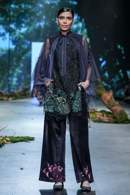 Varun Bahl_Black Net, Velvet Sequins, Cut Work, Fringe, Floral Kurta Trouser Set _at_Aza_Fashions