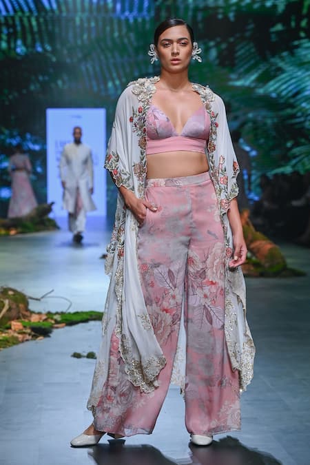 Varun Bahl_Pink Velvet, Organza Embroidery, Sequins, Floral Thread Cape Trouser Set _Online_at_Aza_Fashions