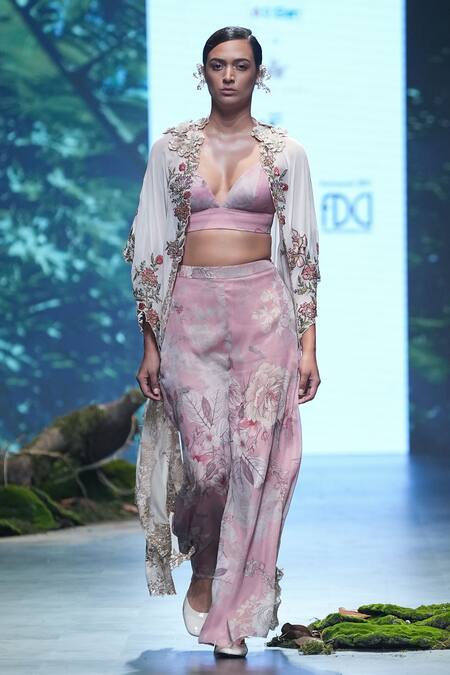 Buy Varun Bahl Pink Velvet, Organza Embroidery, Sequins, Floral Thread Cape Trouser Set Online at Aza Fashions Buy_Varun Bahl_Pink Velvet, Organza Embroidery, Sequins, Floral Thread Cape Trouser Set _Online_at_Aza_Fashions