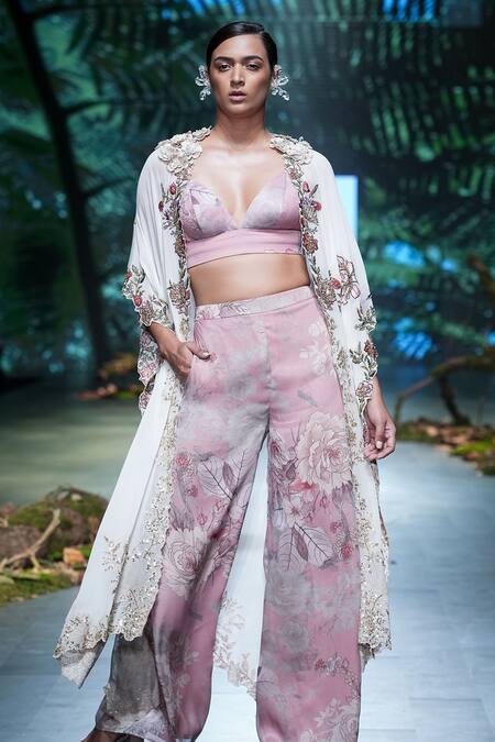 Shop Varun Bahl Pink Velvet, Organza Embroidery, Sequins, Floral Thread Cape Trouser Set Online at Aza Fashions Shop_Varun Bahl_Pink Velvet, Organza Embroidery, Sequins, Floral Thread Cape Trouser Set _Online_at_Aza_Fashions