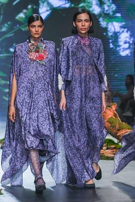 Shop_Varun Bahl_Purple Net, Organza Embroidery, Sequins Round Neck Bloom Print Asymmetric Dress _at_Aza_Fashions