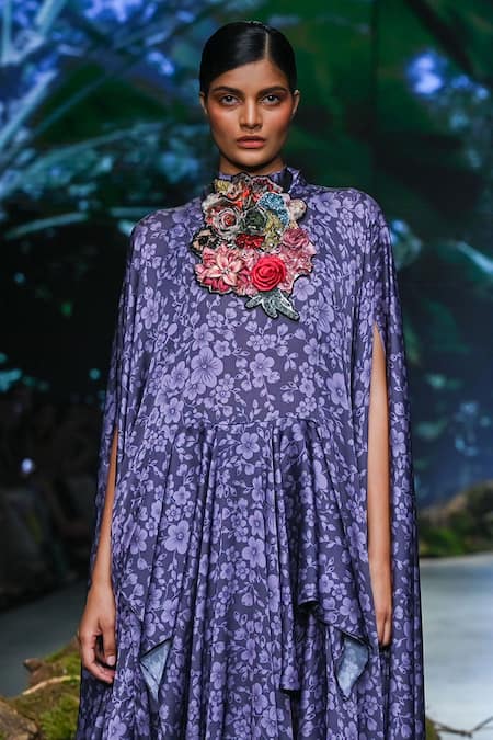 Varun Bahl_Purple Net, Organza Embroidery, Sequins Round Neck Bloom Print Asymmetric Dress _Online_at_Aza_Fashions
