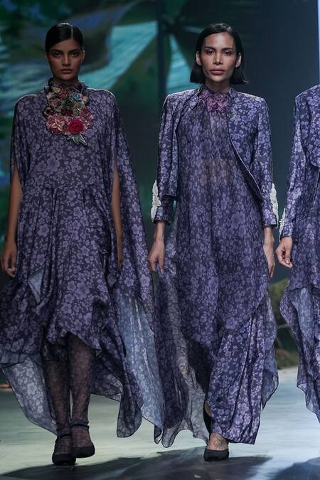 Buy_Varun Bahl_Purple Net, Organza Embroidery, Sequins Round Neck Bloom Print Asymmetric Dress _Online_at_Aza_Fashions