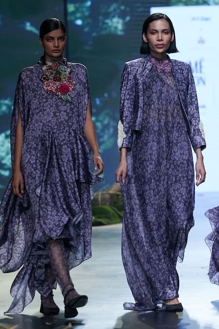 Shop_Varun Bahl_Purple Net, Organza Embroidery, Sequins Round Neck Bloom Print Asymmetric Dress _Online_at_Aza_Fashions
