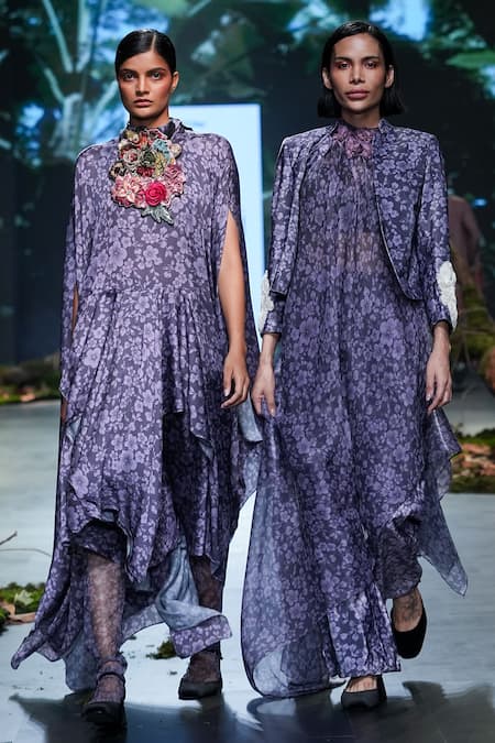 Varun Bahl_Purple Net, Organza Embroidery, Sequins Round Neck Bloom Print Asymmetric Dress _at_Aza_Fashions