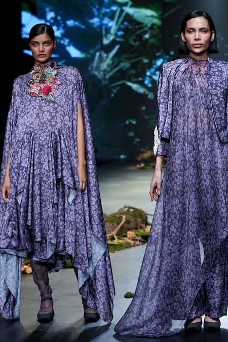 Buy_Varun Bahl_Purple Net, Organza Embroidery, Sequins Round Neck Bloom Print Asymmetric Dress 