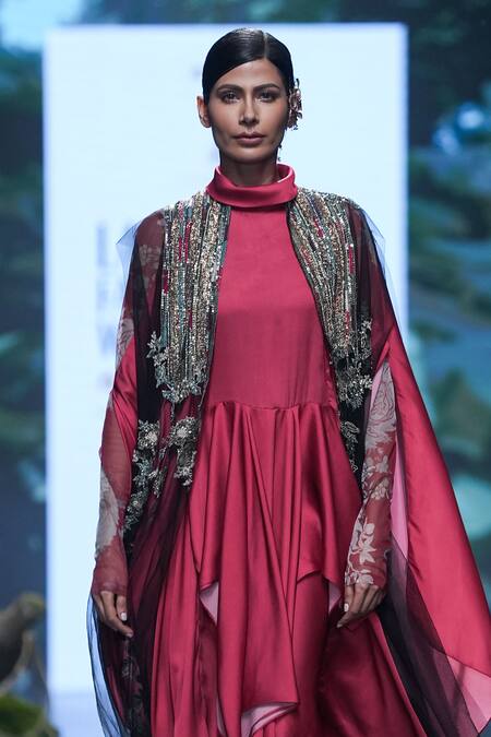 Buy Varun Bahl Black Net, Organza Sequins, Applique High Neck, Open Embroidered Cape Dress Set Online at Aza Fashions Buy_Varun Bahl_Black Net, Organza Sequins, Applique High Neck, Open Embroidered Cape Dress Set _Online_at_Aza_Fashions