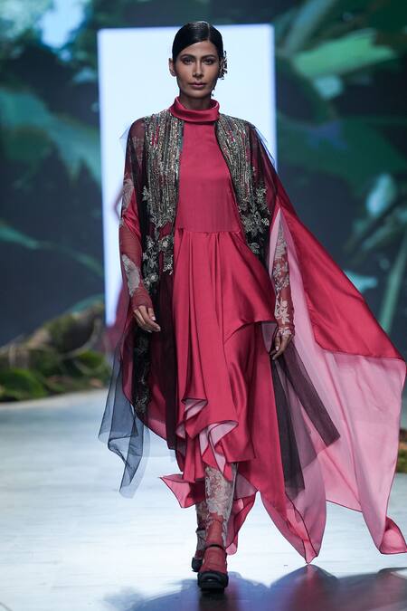 Shop Varun Bahl Black Net, Organza Sequins, Applique High Neck, Open Embroidered Cape Dress Set Online at Aza Fashions Shop_Varun Bahl_Black Net, Organza Sequins, Applique High Neck, Open Embroidered Cape Dress Set _Online_at_Aza_Fashions