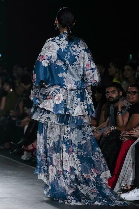 Shop Varun Bahl Blue Net, Organza High Neck Floral Print Dress And Bodysuit Set at Aza Fashions Shop_Varun Bahl_Blue Net, Organza High Neck Floral Print Dress And Bodysuit Set _at_Aza_Fashions