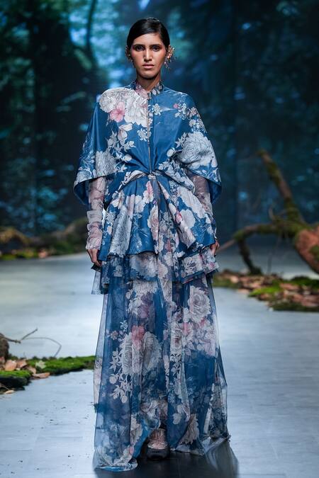 Varun Bahl Blue Net, Organza High Neck Floral Print Dress And Bodysuit Set Online at Aza Fashions Varun Bahl_Blue Net, Organza High Neck Floral Print Dress And Bodysuit Set _Online_at_Aza_Fashions