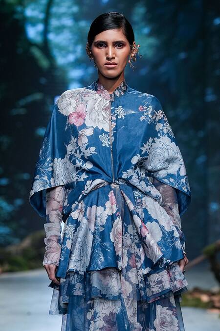 Buy Varun Bahl Blue Net, Organza High Neck Floral Print Dress And Bodysuit Set Online at Aza Fashions Buy_Varun Bahl_Blue Net, Organza High Neck Floral Print Dress And Bodysuit Set _Online_at_Aza_Fashions