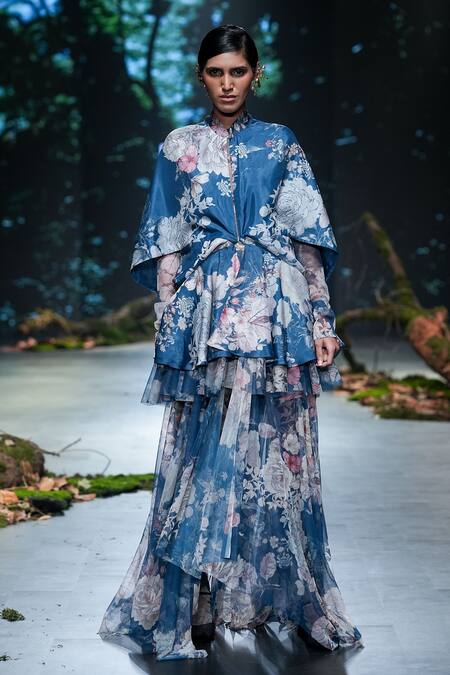 Shop Varun Bahl Blue Net, Organza High Neck Floral Print Dress And Bodysuit Set Online at Aza Fashions Shop_Varun Bahl_Blue Net, Organza High Neck Floral Print Dress And Bodysuit Set _Online_at_Aza_Fashions