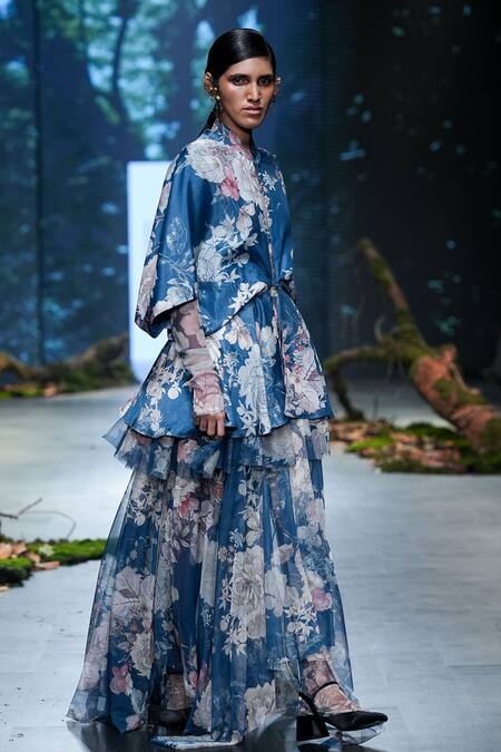 Varun Bahl Blue Net, Organza High Neck Floral Print Dress And Bodysuit Set at Aza Fashions Varun Bahl_Blue Net, Organza High Neck Floral Print Dress And Bodysuit Set _at_Aza_Fashions