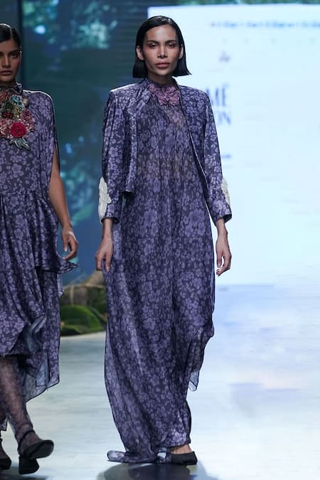 Varun Bahl Purple Lurex Printed And Embroidered Bloom Asymmetric Cape Set 
