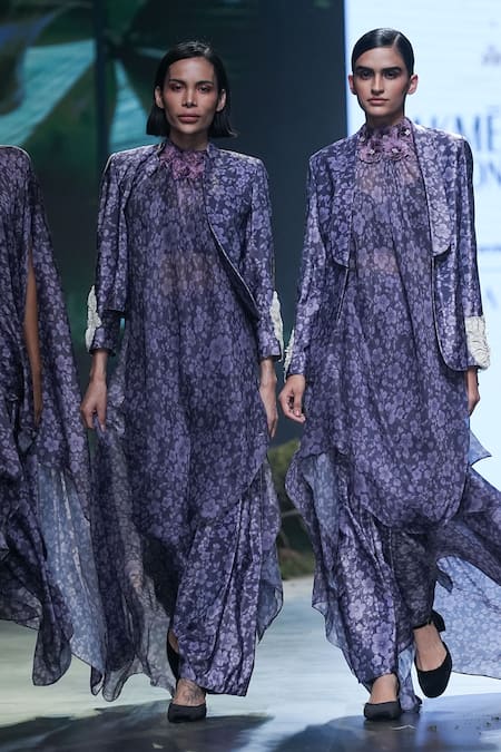Shop Varun Bahl Purple Velvet, Lurex Embroidery, Beads, Applique Printed Jacket Draped Skirt Set at Aza Fashions Shop_Varun Bahl_Purple Velvet, Lurex Embroidery, Beads, Applique Printed Jacket Draped Skirt Set _at_Aza_Fashions