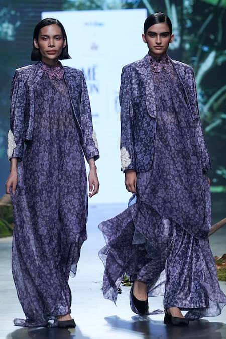 Varun Bahl Purple Velvet, Lurex Embroidery, Beads, Applique Printed Jacket Draped Skirt Set Online at Aza Fashions Varun Bahl_Purple Velvet, Lurex Embroidery, Beads, Applique Printed Jacket Draped Skirt Set _Online_at_Aza_Fashions