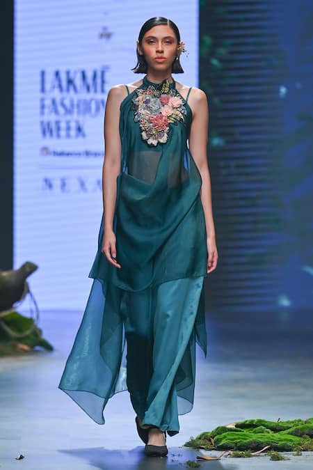 Shop_Varun Bahl_Green Velvet, Lurex Embroidery, Beads Applique Draped Cape Sharara Set _at_Aza_Fashions