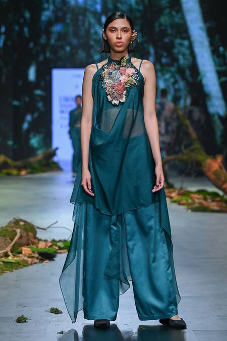 Varun Bahl_Green Velvet, Lurex Embroidery, Beads Applique Draped Cape Sharara Set _Online_at_Aza_Fashions
