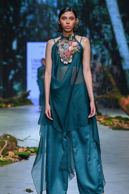 Buy Varun Bahl Green Velvet, Lurex Embroidery, Beads Applique Draped Cape Sharara Set Online at Aza Fashions Buy_Varun Bahl_Green Velvet, Lurex Embroidery, Beads Applique Draped Cape Sharara Set _Online_at_Aza_Fashions