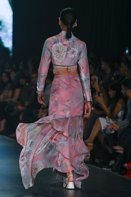 Shop_Varun Bahl_Pink Chiffon Beads, Embroidery, Sequins Blossom Print Jacket Draped Skirt Set _at_Aza_Fashions