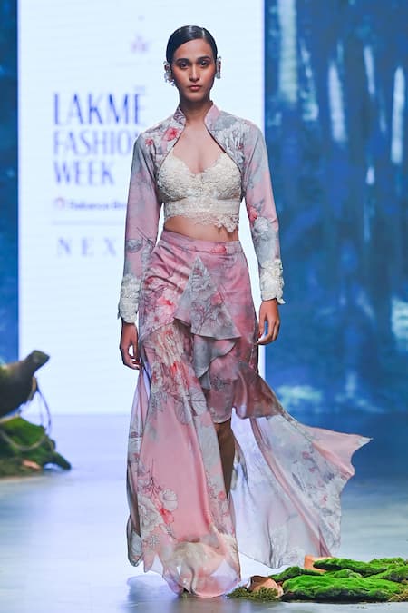 Varun Bahl_Pink Chiffon Beads, Embroidery, Sequins Blossom Print Jacket Draped Skirt Set _Online_at_Aza_Fashions