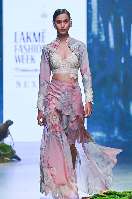 Buy Varun Bahl Pink Chiffon Beads, Embroidery, Sequins Blossom Print Jacket Draped Skirt Set Online at Aza Fashions Buy_Varun Bahl_Pink Chiffon Beads, Embroidery, Sequins Blossom Print Jacket Draped Skirt Set _Online_at_Aza_Fashions