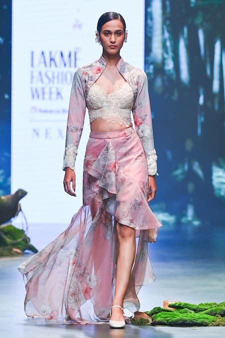 Shop_Varun Bahl_Pink Chiffon Beads, Embroidery, Sequins Blossom Print Jacket Draped Skirt Set _Online_at_Aza_Fashions