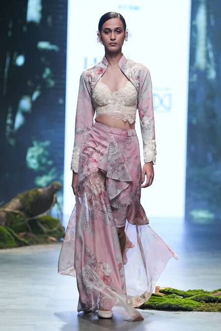 Varun Bahl Pink Chiffon Beads, Embroidery, Sequins Blossom Print Jacket Draped Skirt Set at Aza Fashions Varun Bahl_Pink Chiffon Beads, Embroidery, Sequins Blossom Print Jacket Draped Skirt Set _at_Aza_Fashions