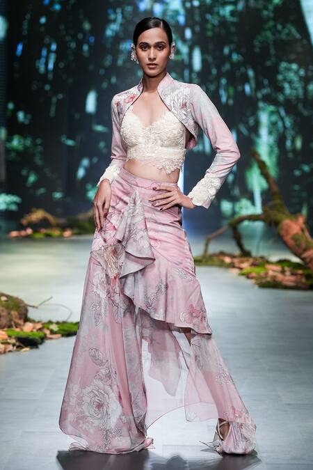 Buy Varun Bahl Pink Chiffon Beads, Embroidery, Sequins Blossom Print Jacket Draped Skirt Set Buy_Varun Bahl_Pink Chiffon Beads, Embroidery, Sequins Blossom Print Jacket Draped Skirt Set