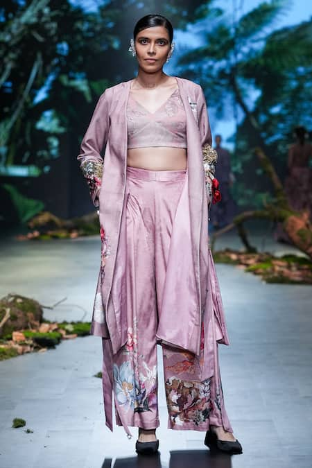 Varun Bahl Pink Velvet Printed And Embroidered Blossom Jacket Trouser Set  