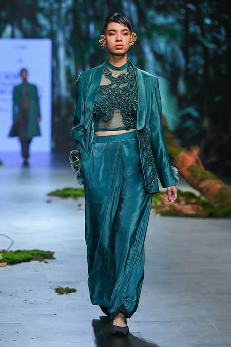 Shop_Varun Bahl_Green Velvet, Organza Sequins, Embroidery Open Applique Jacket Trouser Set _at_Aza_Fashions