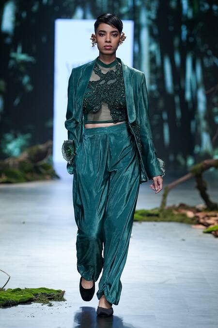 Varun Bahl_Green Velvet, Organza Sequins, Embroidery Open Applique Jacket Trouser Set _Online_at_Aza_Fashions