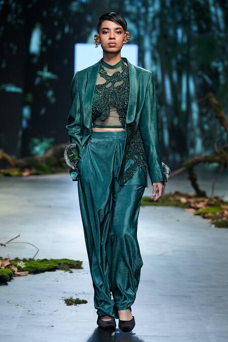 Buy_Varun Bahl_Green Velvet, Organza Sequins, Embroidery Open Applique Jacket Trouser Set _Online_at_Aza_Fashions