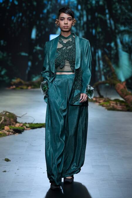 Shop_Varun Bahl_Green Velvet, Organza Sequins, Embroidery Open Applique Jacket Trouser Set _Online_at_Aza_Fashions