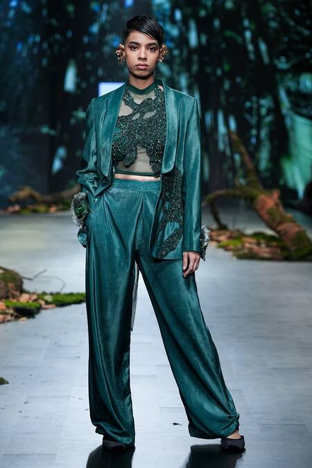 Varun Bahl_Green Velvet, Organza Sequins, Embroidery Open Applique Jacket Trouser Set _at_Aza_Fashions