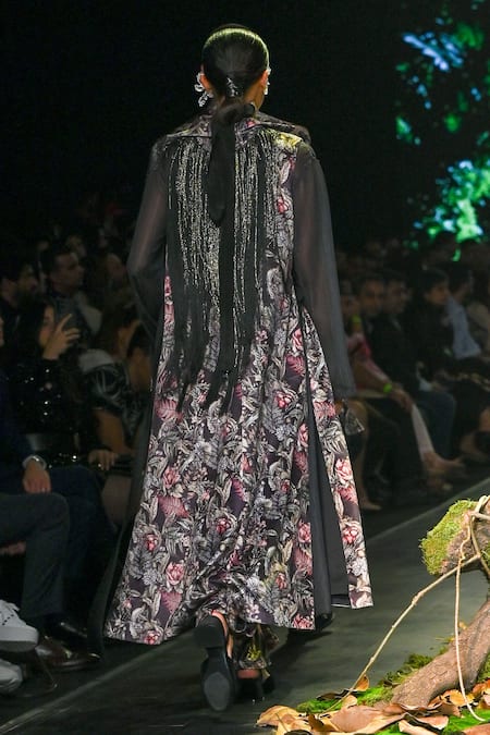 Shop_Varun Bahl_Black Velvet, Organza Embroidery Collared, Botanical Print Jacket Trouser Set _at_Aza_Fashions