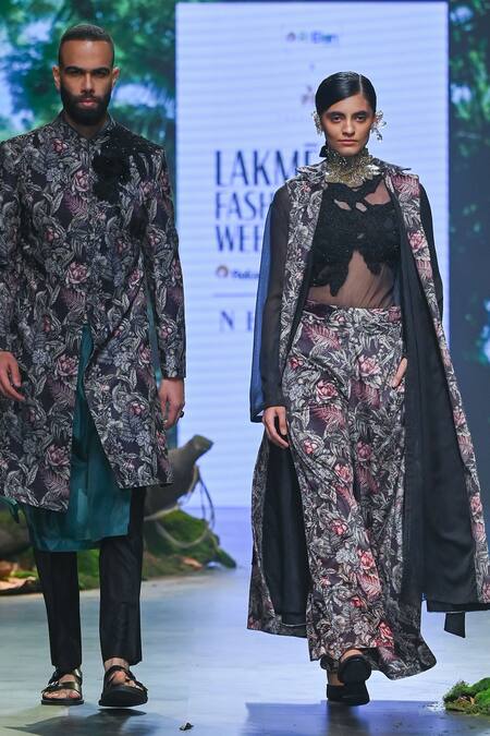 Varun Bahl_Black Velvet, Organza Embroidery Collared, Botanical Print Jacket Trouser Set _Online_at_Aza_Fashions