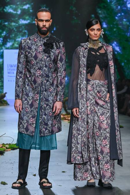 Buy_Varun Bahl_Black Velvet, Organza Embroidery Collared, Botanical Print Jacket Trouser Set _Online_at_Aza_Fashions