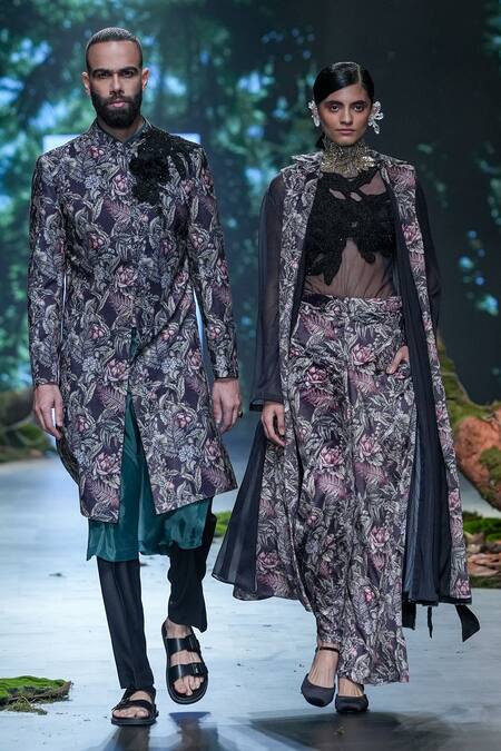 Shop Varun Bahl Black Velvet, Organza Embroidery Collared, Botanical Print Jacket Trouser Set Online at Aza Fashions Shop_Varun Bahl_Black Velvet, Organza Embroidery Collared, Botanical Print Jacket Trouser Set _Online_at_Aza_Fashions