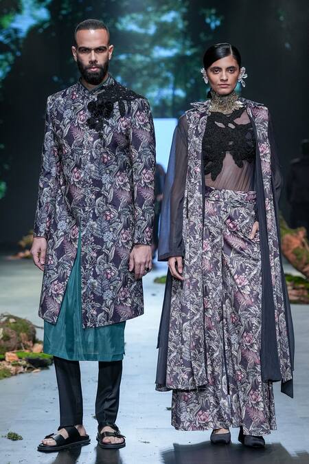 Varun Bahl Black Velvet, Organza Embroidery Collared, Botanical Print Jacket Trouser Set at Aza Fashions Varun Bahl_Black Velvet, Organza Embroidery Collared, Botanical Print Jacket Trouser Set _at_Aza_Fashions